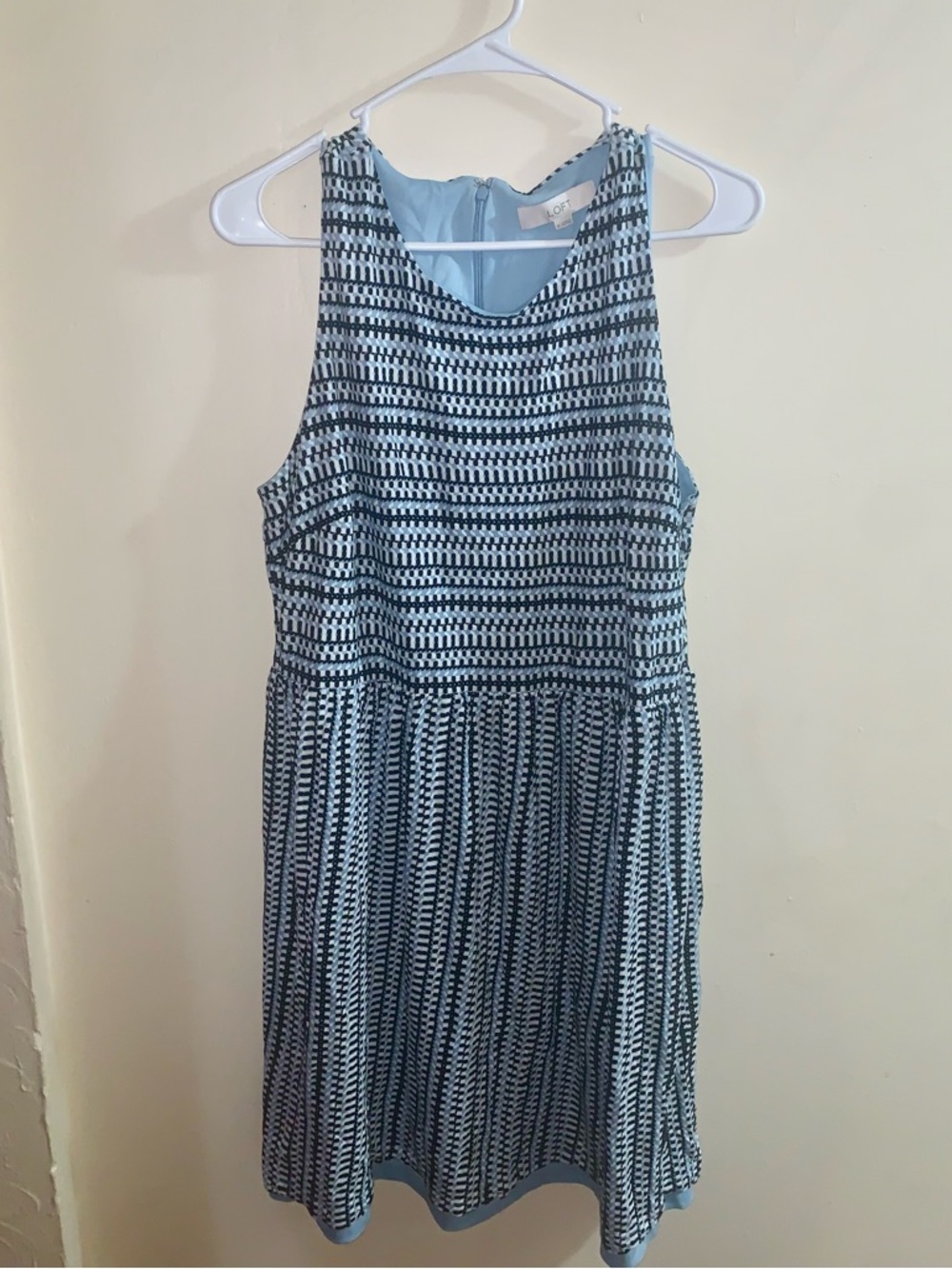 LOFT Light Blue and Navy Sleeveless Fit-and-Flare Dress